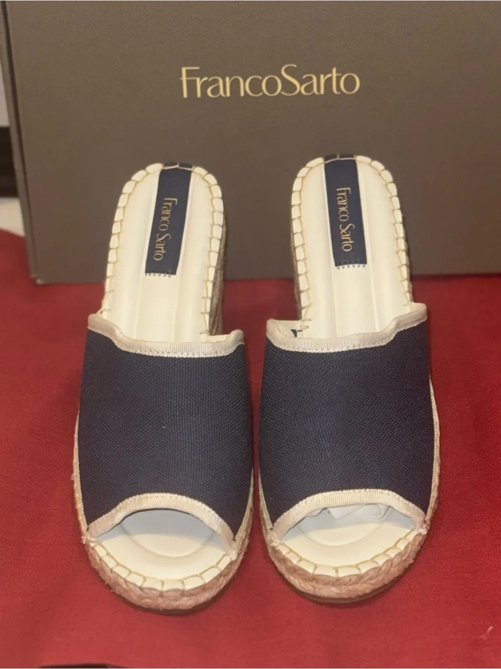 Franco Sarto Navy Canvas Sierra Espadrille Wedge with Cream Ankle Ties NIB 9.5M